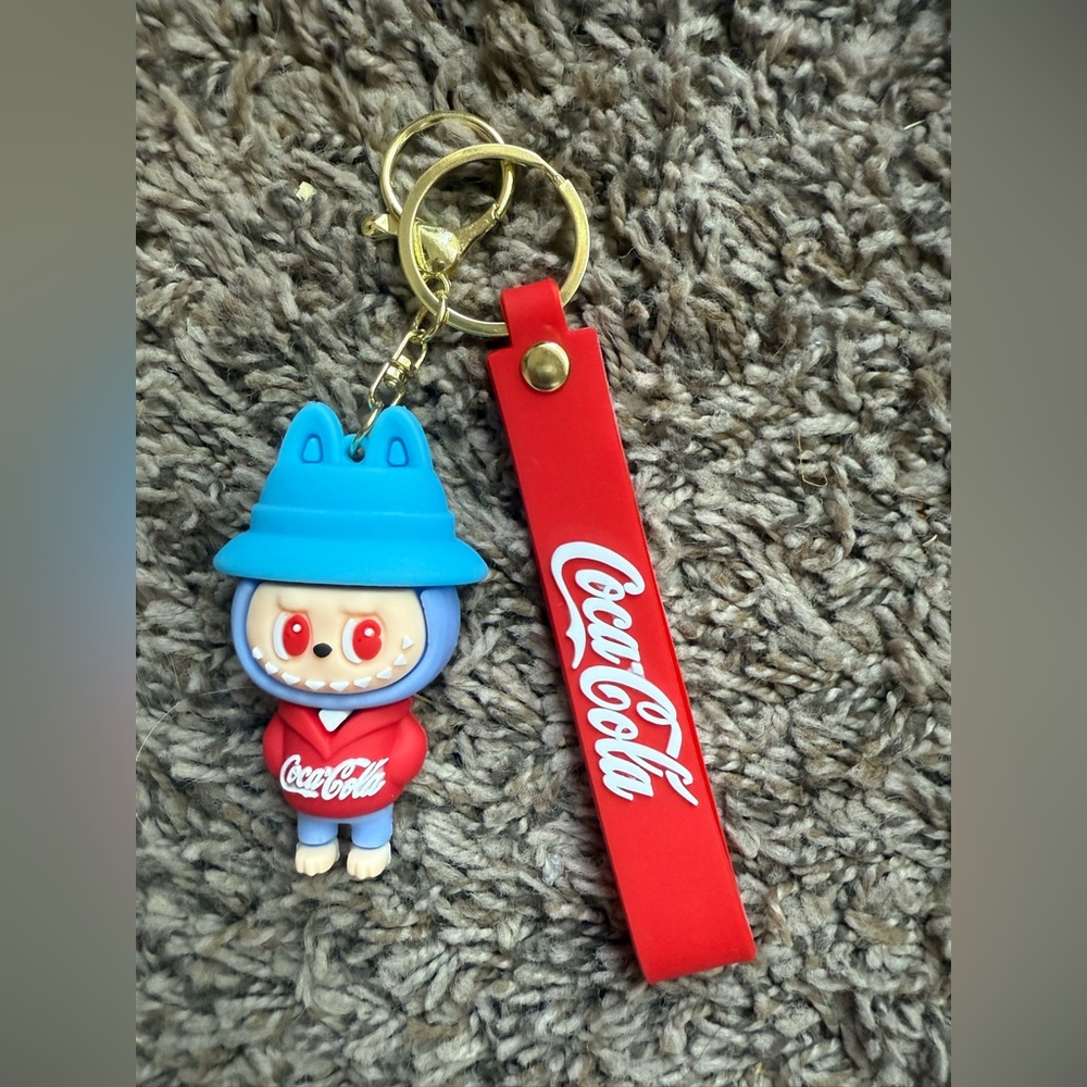 Labubu Coca Cola Series Mini Lanyard Keychain, Labubu With Blue Hat